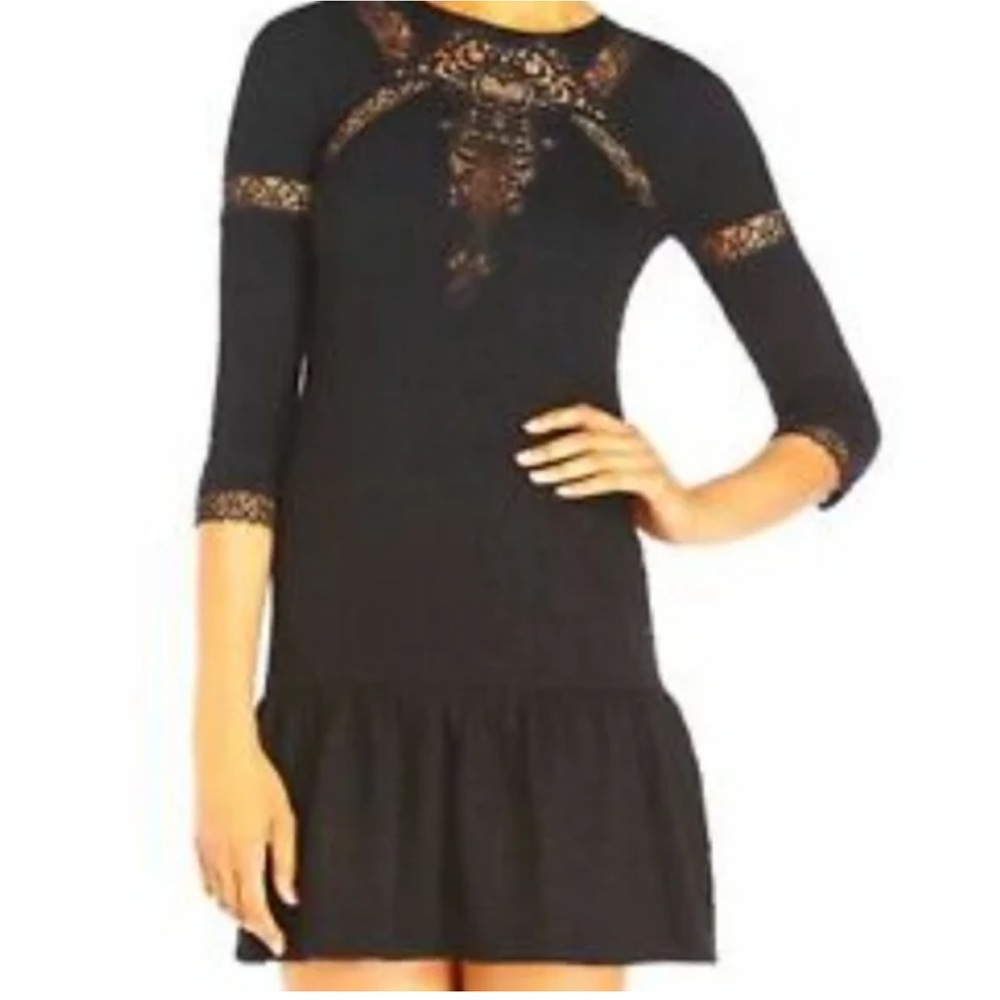 The Kooples Black Lace Mini Dress XS 3/4 Sleeve Drop Waist Goth Chic